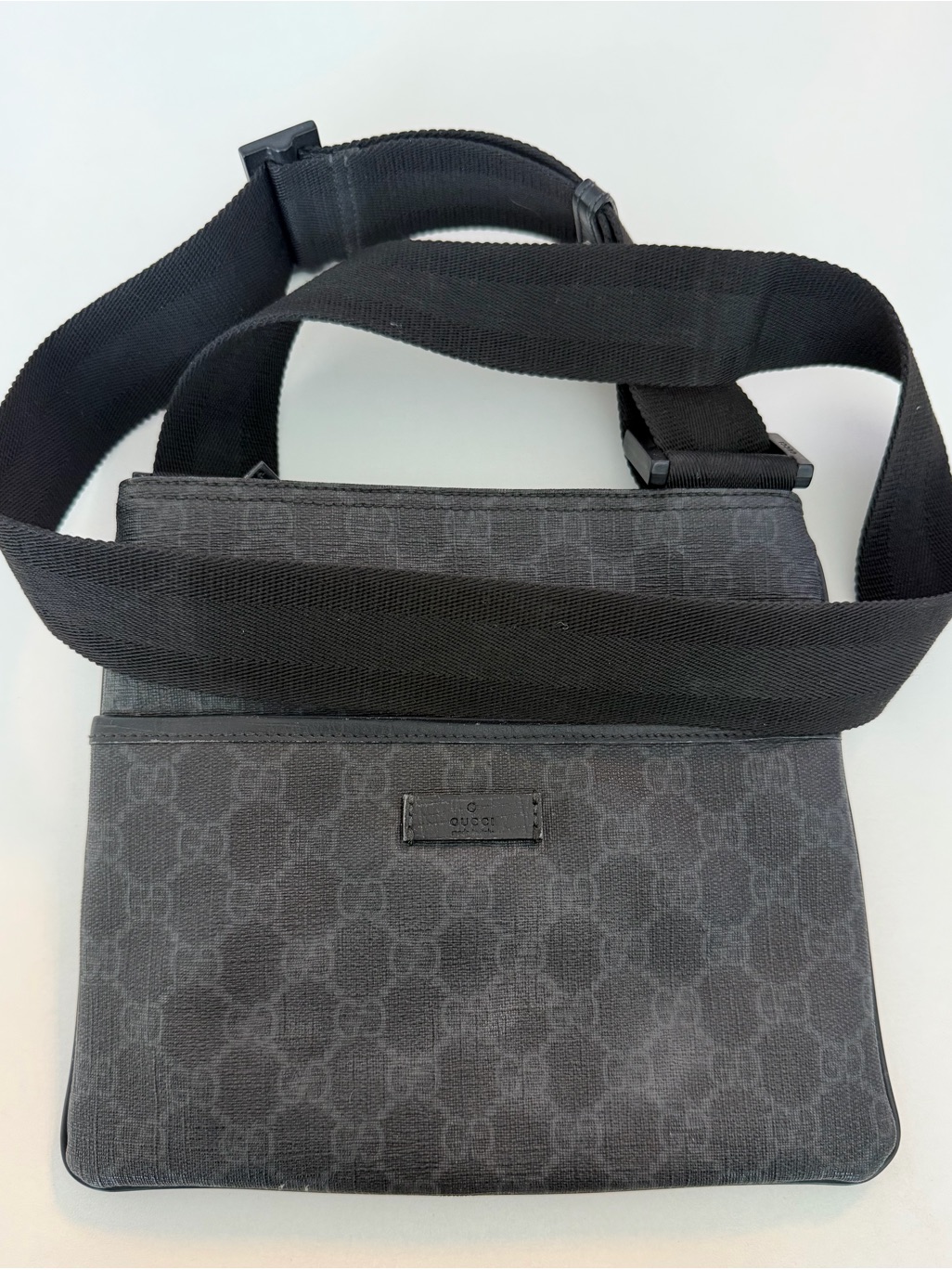 Gucci Men's Black Gg Canvas Messenger Bag With Wide Strap